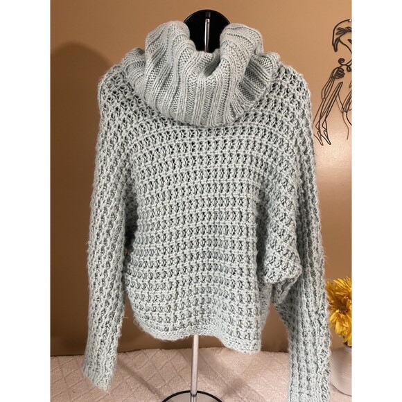Express Sweater Womens Chunky Open Knit Cowl Neck Crop Pullover. Mint Green. XS - Picture 2 of 11